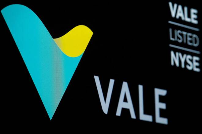 Brazilian mining company Vale SA logo and trading symbol are displayed on a screen at the NYSE in New York