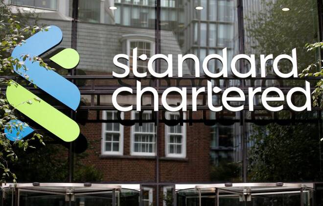 The Standard Chartered bank logo is seen at its headquarters in London