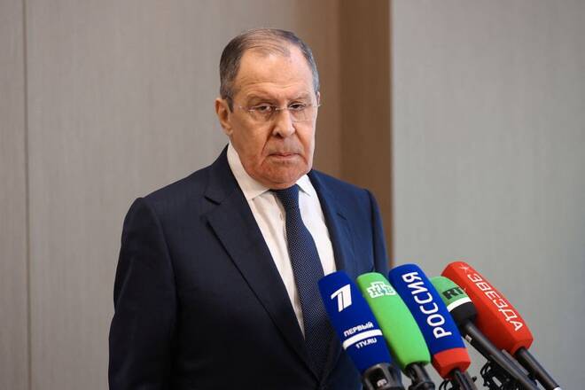 Russian Foreign Minister Sergei Lavrov holds a news briefing in Tashkent