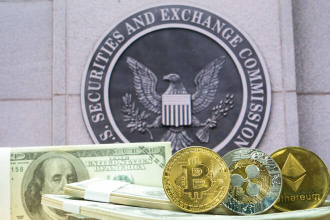 SEC logo alongside cash and crypto coins