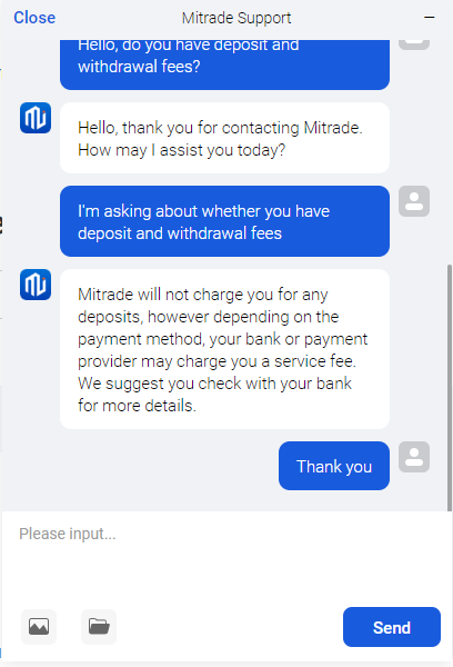 Chat support at Mitrade