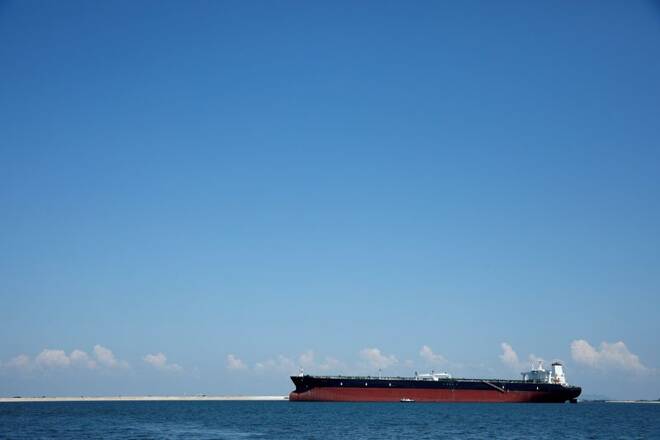 An oil tanker is pictured in the waters off Tuas in Singapore