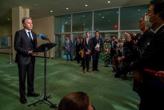 U.S. Secretary of State Antony Blinken Makes Remarks to the Media During a News Conference at the United Nations Headquarters in New York City