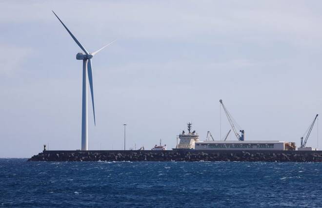 A wind turbine of the Siemens Gamesa company located at the Port of Arinaga is seen from Arinaga beach on Gran Canaria Island
