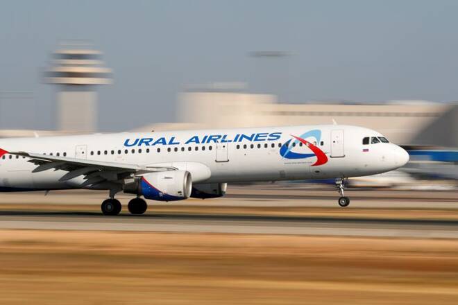 A Ural Airlines Airbus A321 airplane takes off from the airport in Palma de Mallorca
