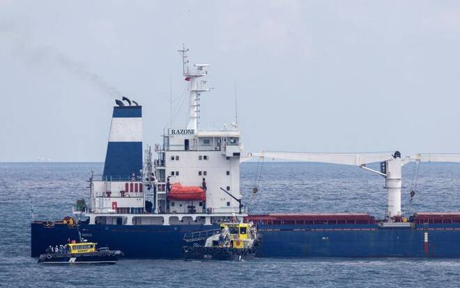 Joint Coordination Centre officials inspect Sierra Leone-flagged cargo ship Razoni, carrying Ukrainian grain, in the Black Sea off Kilyos