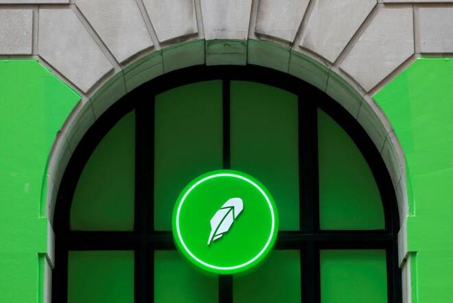 The logo of Robinhood Markets Inc is seen at a pop-up event on Wall Street after the company's IPO in New York City