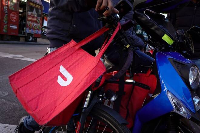 A Doordash delivery bag is seen in Brooklyn, New York City