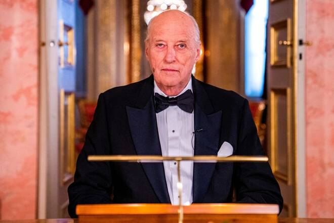 Norway's King Harald gives the New Year's speech at the Royal Palace in Oslo, Norway