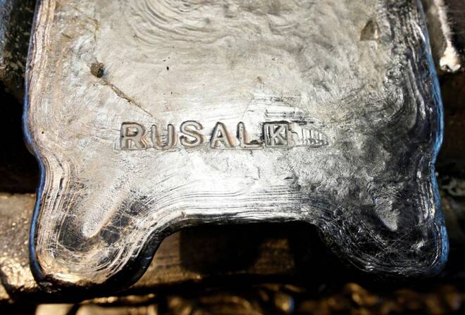 Aluminium ingots are seen stored at the foundry shop of the Rusal Krasnoyarsk aluminium smelter in Krasnoyarsk