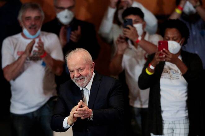 Brazil's former president and presidential frontrunner Luiz Inacio Lula da Silva gestures during campaign event in Sao Paulo
