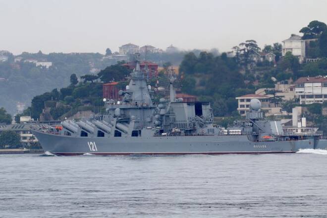 The Russian Navy's guided missile cruiser Moskva sails in Istanbul's Bosphorus