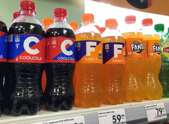 A view shows a shelf with bottles of soft drinks at a shop in Moscow