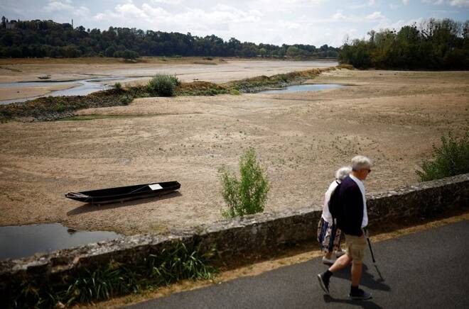 View of a bank of the Loire River as historical drought hits France