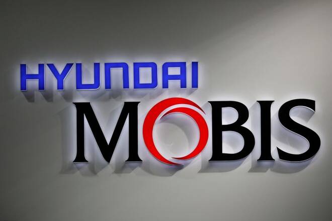 The logo of Hyundai Mobis is seen during the 2019 Seoul Motor Show in Goyang