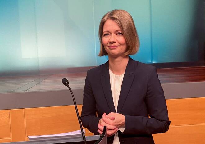 Norges Bank Governor Ida Wolden Bache holds news conference at the bank's headquarters in Oslo