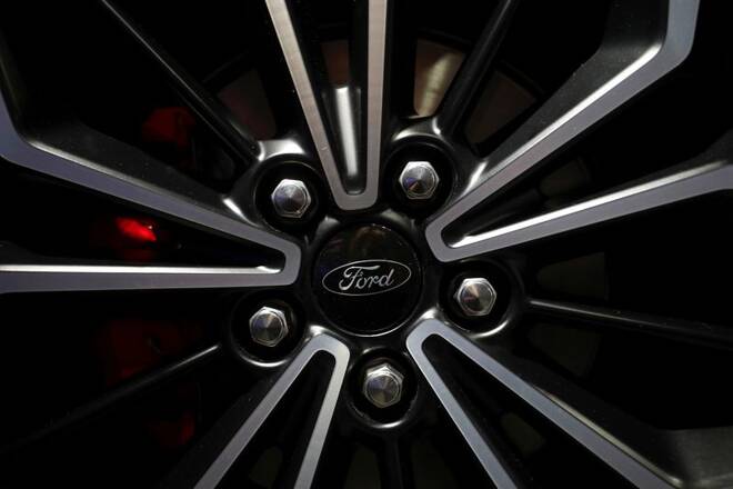 The wheel of a 2018 Ford Focus is displayed at the launch for the new model in London