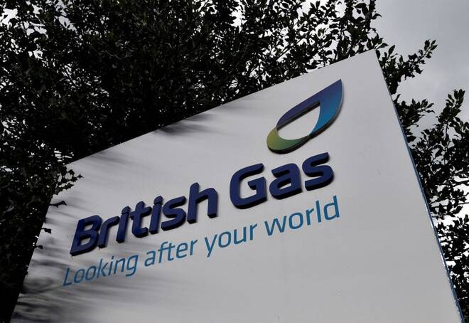 A British Gas sign is seen outside its offices in Staines in southern England