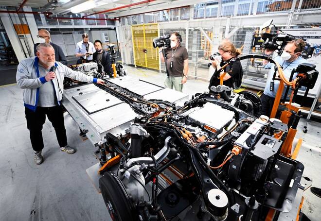 Volkswagen's ID Buzz is pictured in a production line in Hanover