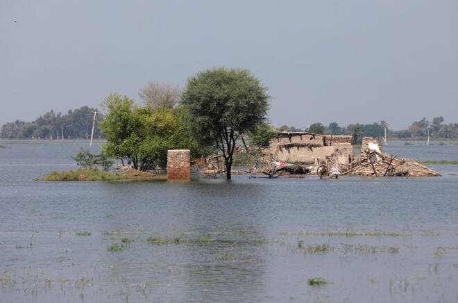 A general view of a damaged house, following rains and floods during the monsoon season in Gari Yasin