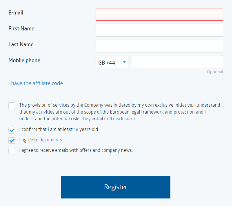 The first stage of opening an account with RoboForex