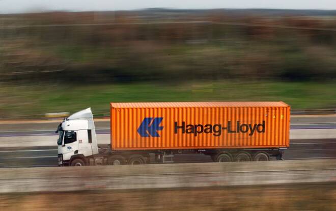 A Hapag-Lloyd container lorry drives on the M1 motorway, near Milton Keynes