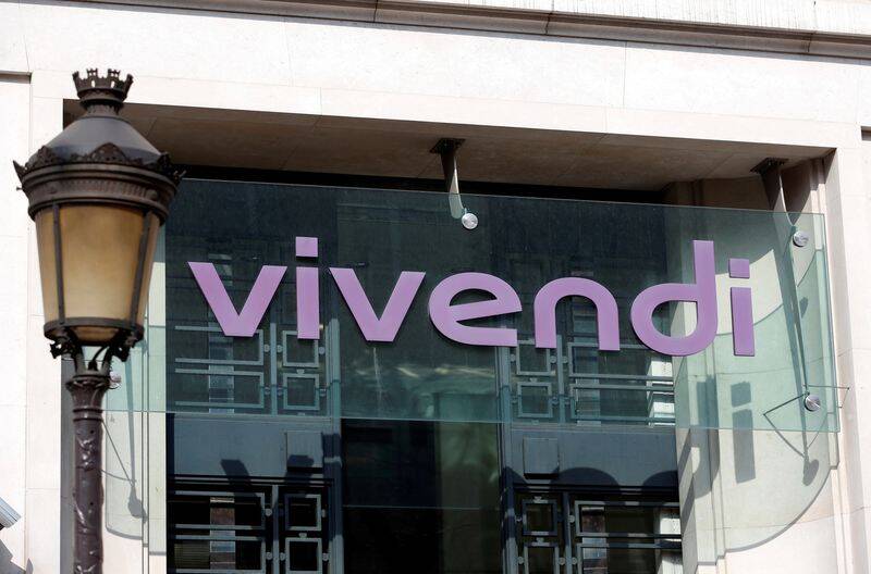 The Vivendi logo is pictured at the main entrance of the entertainment-to-telecoms conglomerate headquarters in Paris