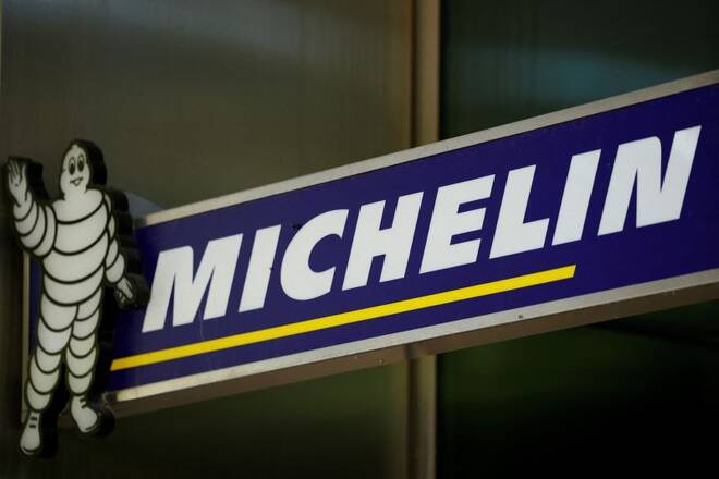 The logo of French tyre maker Michelin is seen at a company building near Paris