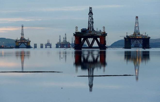 Drilling rigs are parked up in the Cromarty Firth near Invergordon, Scotland, Britain