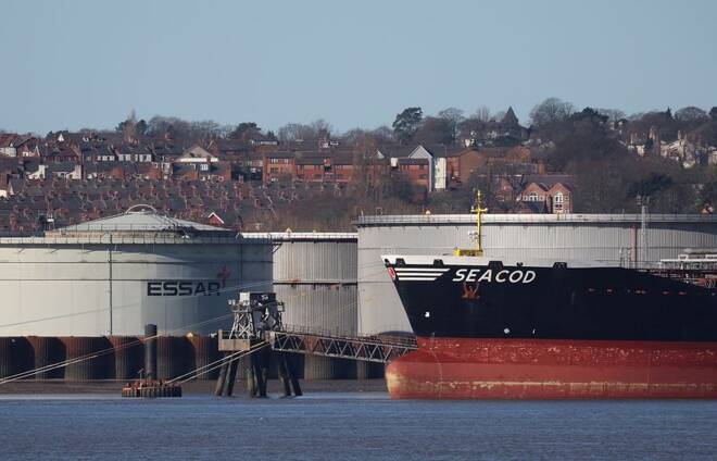 The German flagged tanker 'Seacod' berths at the Tranmere Oil Terminal on the River Mersey near Liverpool, Britain