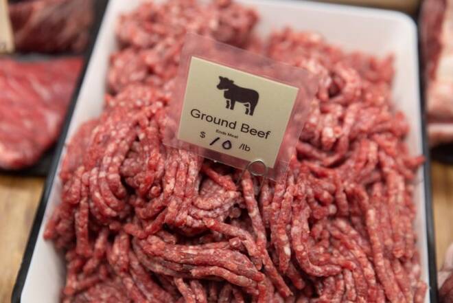 Ground beef is seen on display in a store in Manhattan, New York City