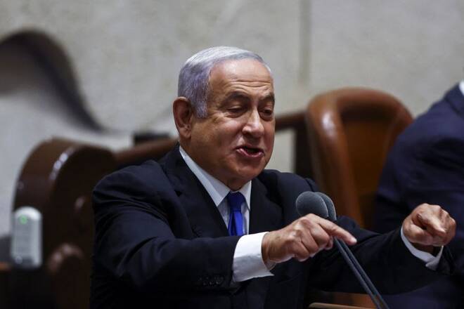 Former Israeli PM Netanyahu speaks at the plenum at the Knesset, Israel's parliament, in Jerusalem