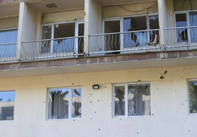 A view shows a building damaged by recent shelling in Jermuk