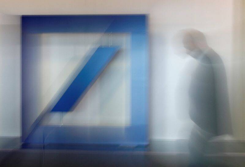 The logo of Germany’s Deutsche Bank is on display ahead of the bank’s annual shareholder meeting in Frankfurt