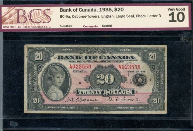 View of a Canadian $20 note from 1935, featuring a portrait 8-years-old Princess Elizabeth (later Queen Elizabeth), which will be auctioned later this month
