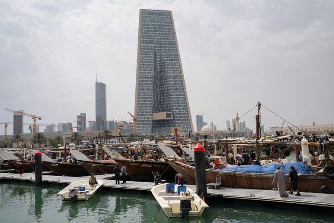 The Kuwait Central Bank towers are pictured over the traditional Dhow harbor as business deals and institutional lending for Gulf have frozen, following an outbreak of coronavirus disease (COVID-19), in Kuwait City