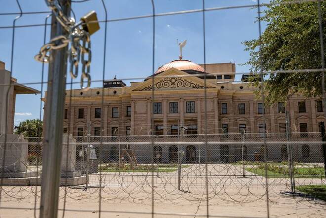 Razor wire surrounds Arizona state Capitol after landmark Roe v Wade abortion decision overturned, in Phoenix