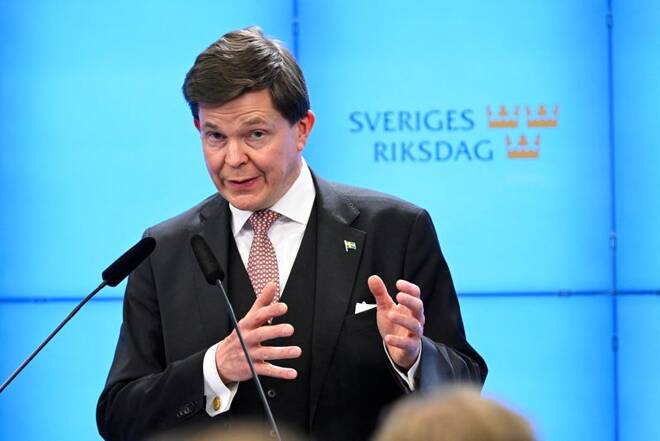The Speaker of the Swedish Parliament, Andreas Norlen speaks during a news conference, in Stockholm