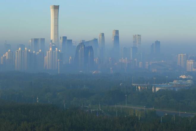 The skyline of central business district is seen in the morning in Beijing