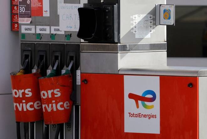 Signs which read "out of order" are seen at a TotalEnergies gas station in Cambrai