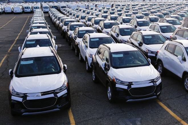 Imported automobiles are parked in a lot at the port of Newark New Jersey