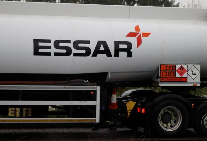 Essar branded fuel tanker is seen near Essar Oil UK’s Stanlow oil refinery near Ellesmere Port