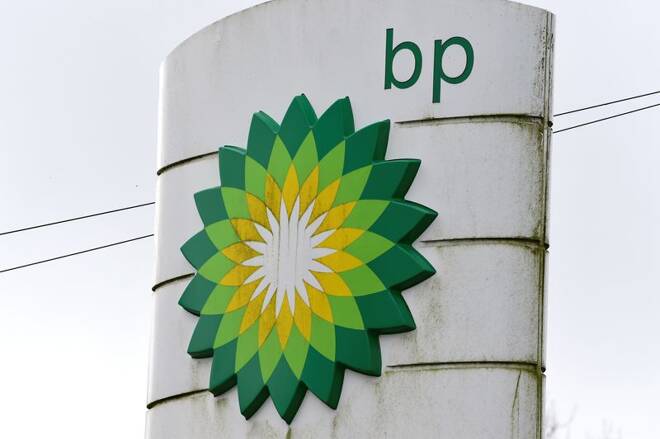 A BP logo is pictured at a petrol and diesel filling station in Llanteg