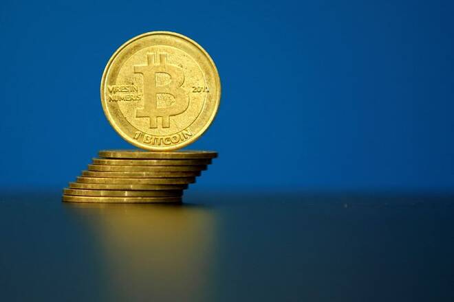 An illustration photo of Bitcoin (virtual currency) coins are seen at La Maison du Bitcoin in Paris
