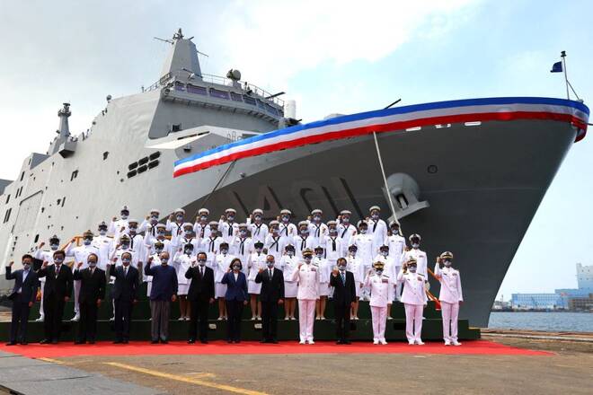 Taiwan President Tsai Ing-wen attends a delivery ceremony for the Navy's Yushan amphibious landing dock in Kaohsiung