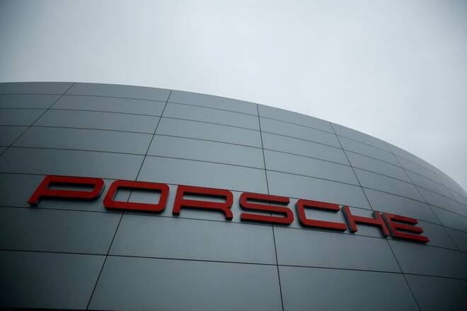 A Porsche logo is seen at a customers center next to the the Porsche factory in Stuttgart-Zuffenhausen