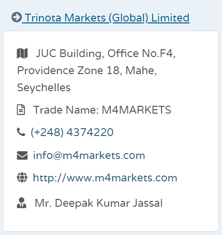 Trinota Markets (Global) Limited’s licencing information on fsaseychelles.sc