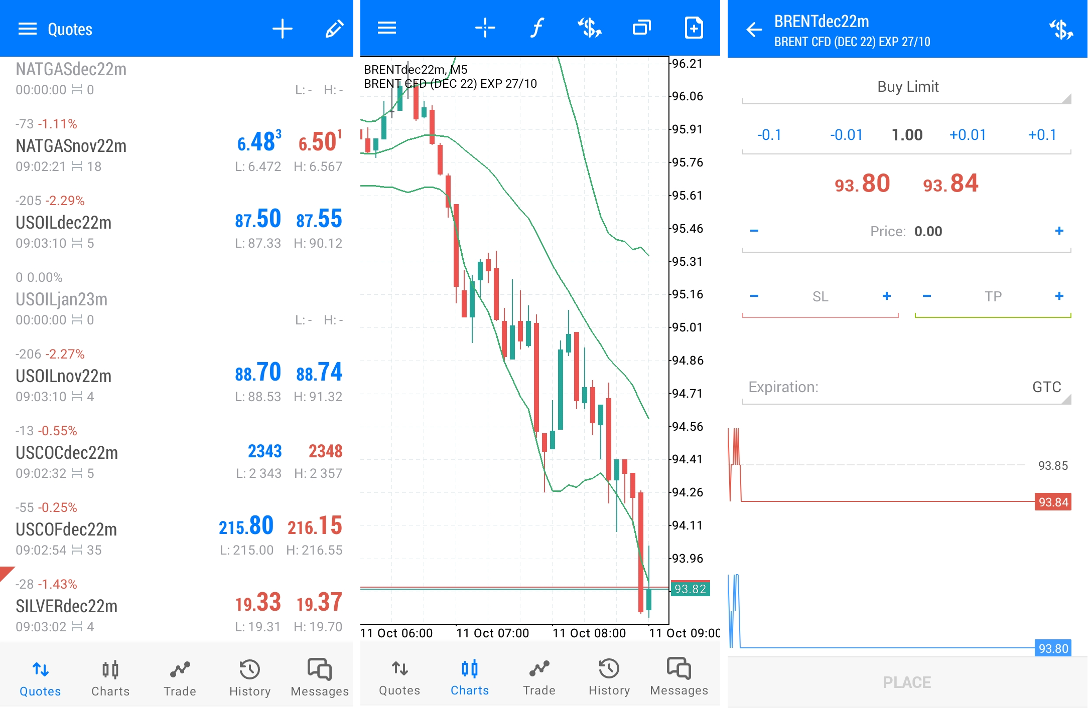 A watch list of selected instruments (on the left), a chart section (in the middle), and an orders execution window (on the right)