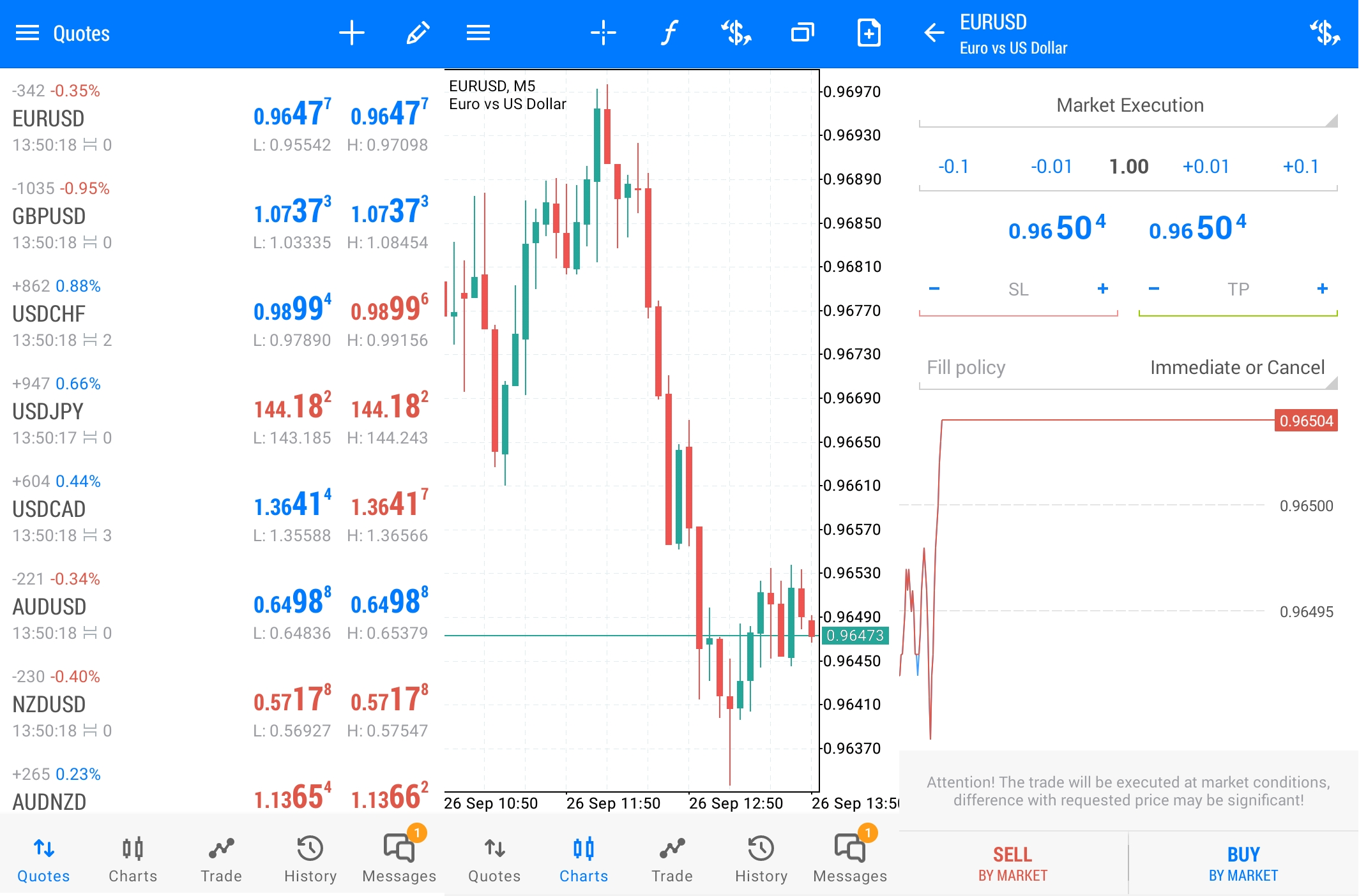 A watch list of selected instruments (on the left), a chart section (in the middle), and an orders execution window (on the right)