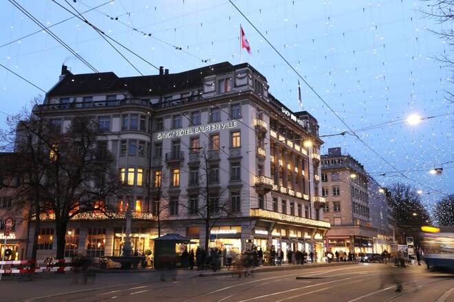 Christmas illuminations are seen on the Savoy Hotel Baur En Ville in Zurich